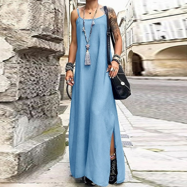 Ladies Classic Blue Adjustable Sling Denim Dress Long Dress Casual
