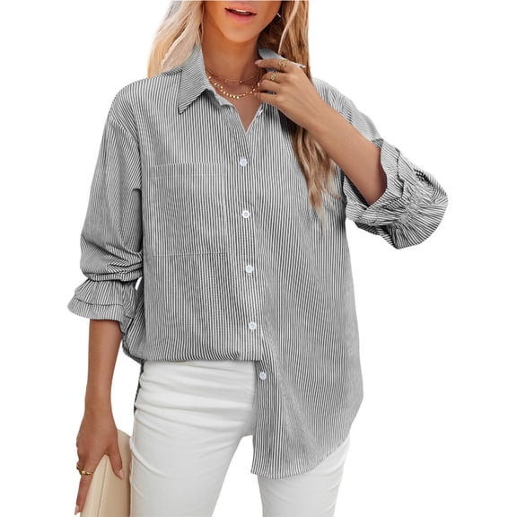 Ladies’ Classic Striped Long Sleeve Blouse with Button Front – Casual Loose Fit Shirt, Breathable Lightweight Top Black