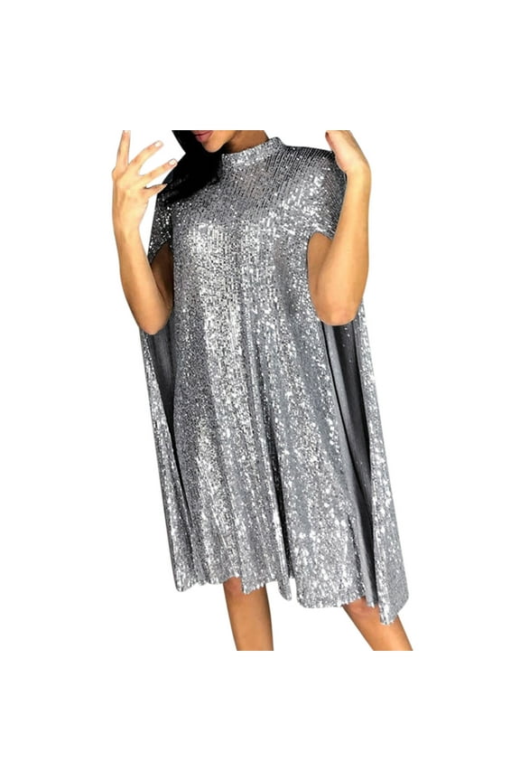 Ladies Cloak Style Solid Color Waist High Neck Dress Sequin Dress Dress Sparkly Evening Gowns for Women Formal Stretch Dress Semi Formal Women Dresses Metallic Mini Dress Leaving Reception