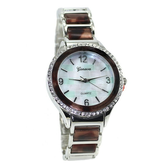 Ladies Clubbing Silver -Tone Watch 37mm 11mm thick case. CZ and Brown Faux Shell bezel, Mop dial, 15mm wide Silver-Tone with faux brown bracelet fits 7.5 inches wrists.