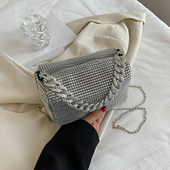 Ladies Clutch Evening Bag Rhinestone Handbag Small Shoulder Bag-Silver