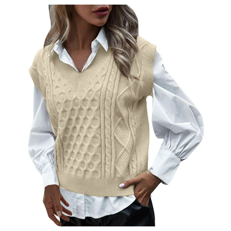 Ladies College Style Knitted Sweater Vest Sleeveless V Neck Retro Vest Cardigan Duster Sweater for Women Women Sweater Dresses Winter Long Sweaters