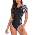 thumbnail image 1 of Ladies Color Block Print Zipper Swimsuit - Stylish Camouflage Swimwear with Sun Protection for Surfing and Diving, 1 of 1