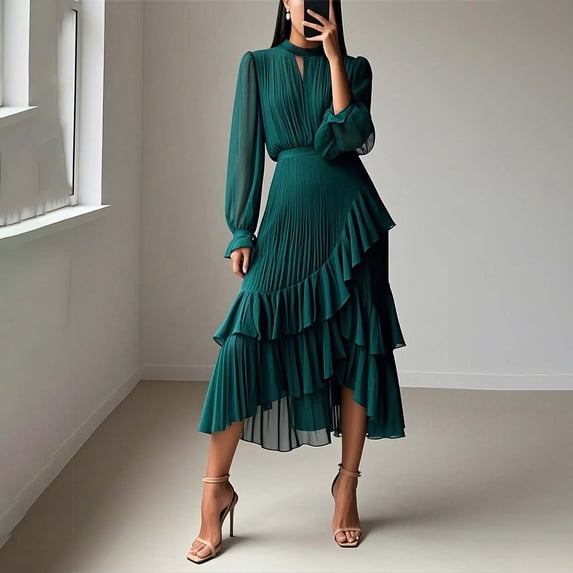 Ladies' Color Pleated Ruffle Irregular Hem Long-sleeved Round Neck Dress Dress Skirt