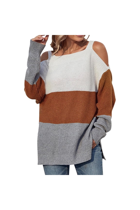 Ladies Colorblock Long Sleeve Square Neck Off Shoulder Thin Sweater Top Women Casual Fashion Color Matching Pullover Long Sleeve Squard-Neck Sweater