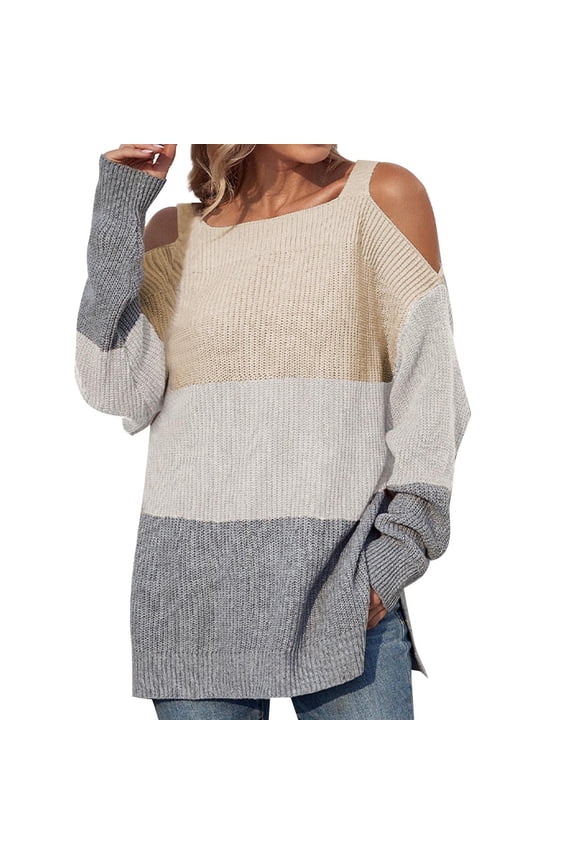 Ladies Colorblock Long Sleeve Square Neck Off Shoulder Thin Sweater Top Women Casual Fashion Color Matching Pullover Long Sleeve Squard-Neck Sweater