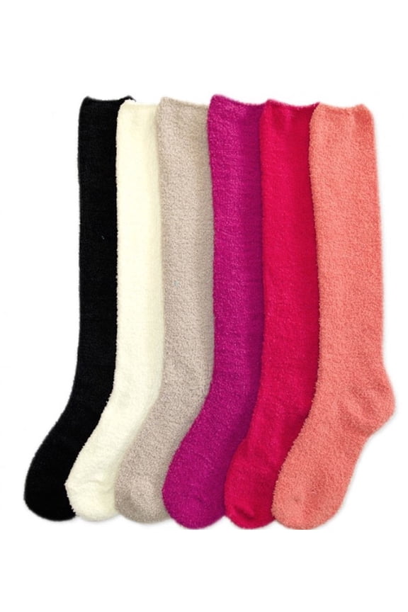 Ladies Colorful Fleece Knee High Socks Assorted 6 Pack 9-11 One Size