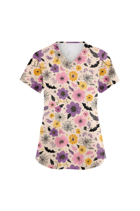 Ladies' Comfortable Plus-Size Scrub Top, V-neck Short Sleeve Printed Uniform Shirt, Halloween Pattern Design