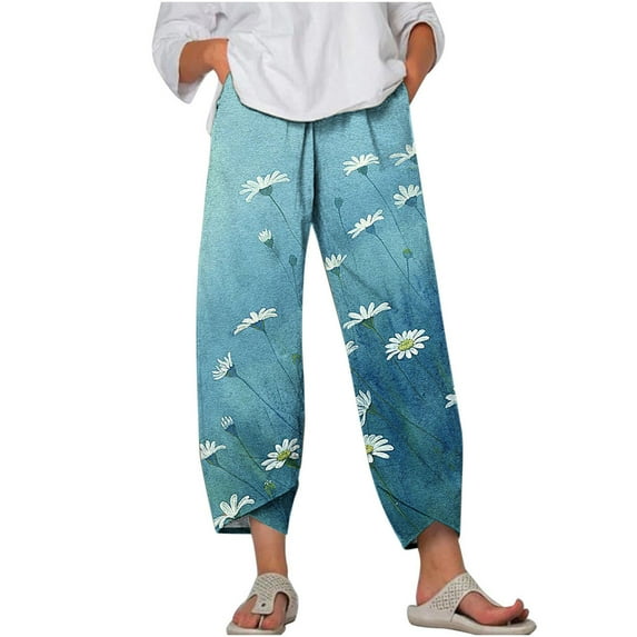 Ladies Comfy Loose Fit Beach Pants with Pockets Wide Leg Pants, Summer Cotton Linen Capri Pants for Women Loose Cropped Stretch Tapered Lantern Harem Pants Capris , Light Blue&S