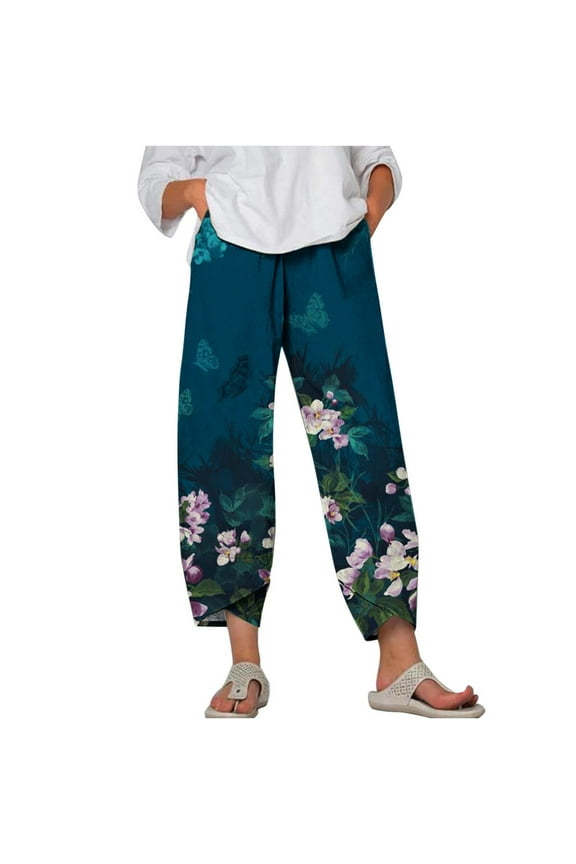 Ladies Comfy Loose Fit Beach Pants with Pockets Wide Leg Pants, Summer/Fall Cotton Linen Capri Pants for Women Loose Cropped Stretch Tapered Lantern Harem Pants Capris , Blue&XXXXXL