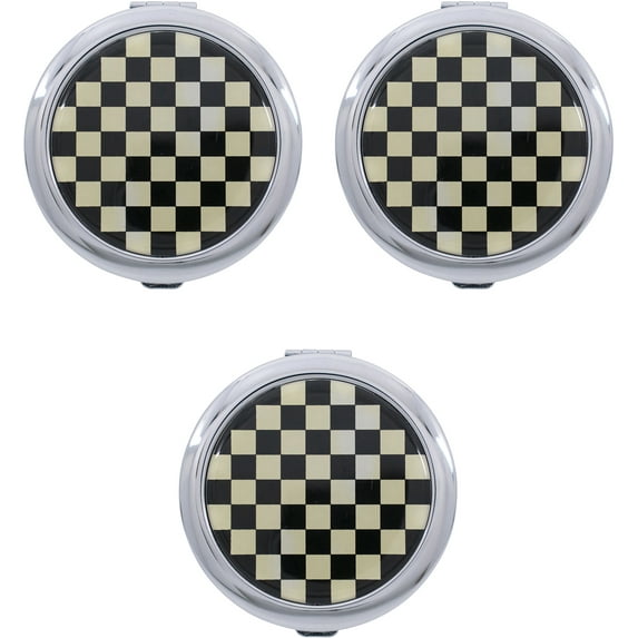 Set of 3 Double Sided Magnifying Round Compact Mirrors With Printed Insert (Classic Checkered Pattern)