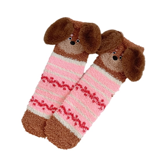 Ladies' Coral Velvet Mid-Tube Socks - Thickened Fleece, Warm Floor Sleep Socks, Dog Print, Pink
