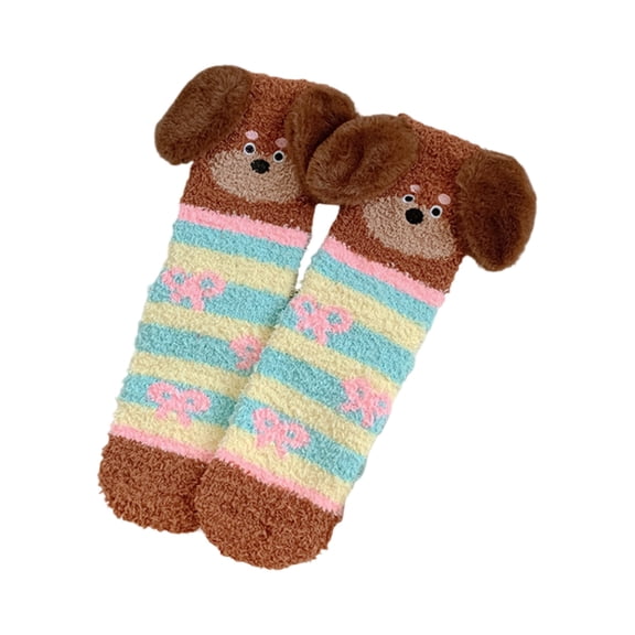 Ladies' Coral Velvet Mid-Tube Socks - Thickened Fleece, Warm Floor Sleep Socks, Dog Print, Yellow
