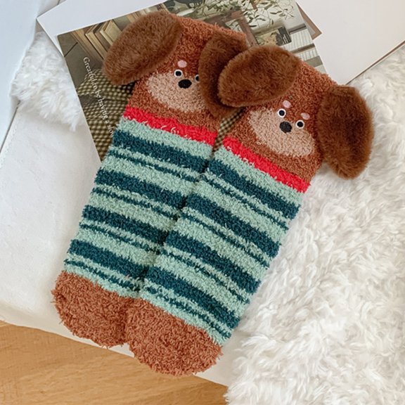 Ladies' Coral Velvet Socks Middle Tube Warm Floor Socks Thickened and Velvet Dog Sleep Socks for Home Comfort Green