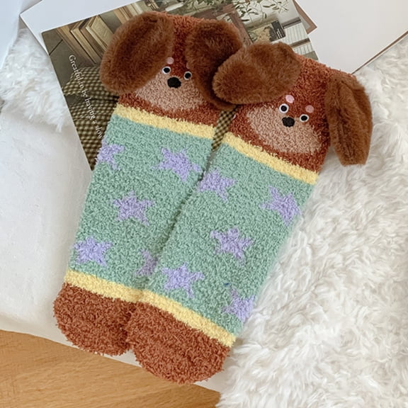 Ladies' Coral Velvet Socks Middle Tube Warm Floor Socks Thickened and Velvet Dog Sleep Socks for Home Comfort Mint Green