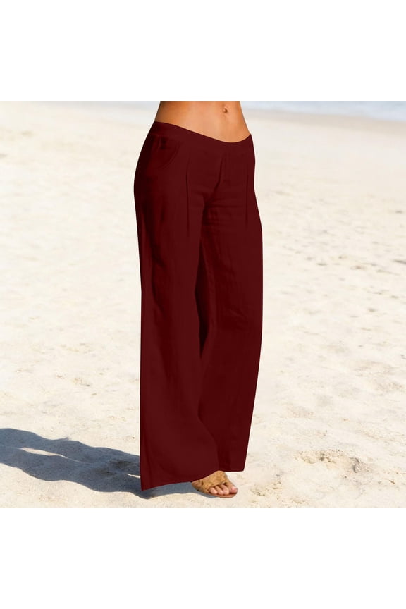 Ladies Cotton Linen Casual Pants, Washed Crinkled Solid Color Comfortable Long Pants with Back Pockets, Elastic Waist Pull On Pants for Daily Wear, Vacation and Beach Wine S