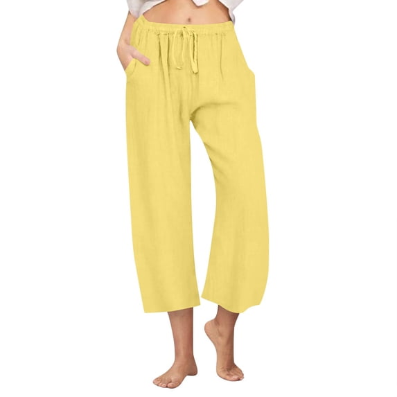 Ladies Cotton Linen Cropped Pants , Women's Summer Comfy Linen/Cotton Capri Trousers Solid Color Casual Beach Bottoms 3/4 Length Trousers Straight Leg Lounge Pants with Pockets