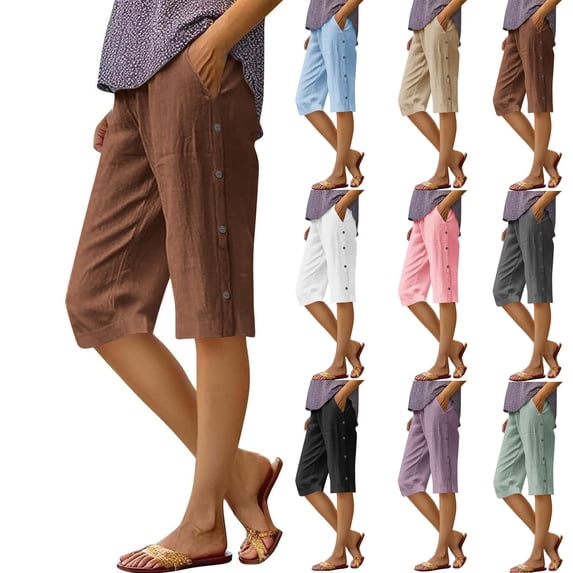 Ladies Cotton Linen Long Shorts Casual Loose Summer Beach Bermuda Shorts with Pockets Brown M