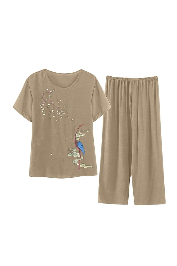 Ladies Cotton Linen Short Sleeve Printed Blouse Capri Pants 2PCS Suit Nightwear Sleepwear Night-clothes Pajamas Nighty