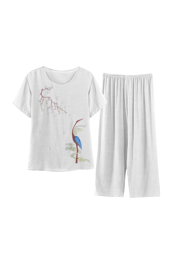 Ladies Cotton Linen Short Sleeve Printed Blouse Capri Pants 2PCS Suit Nightwear Sleepwear Night-clothes Pajamas Nighty