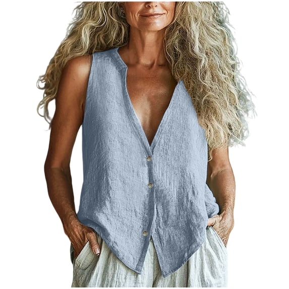Ladies Cotton Linen Tank Tops Solid Summer Sleeveless Tshirt Button Up Vest Shirt V Neck Loose Tanks Casual Basic Tops for Women Lightweight Breathable Blouses