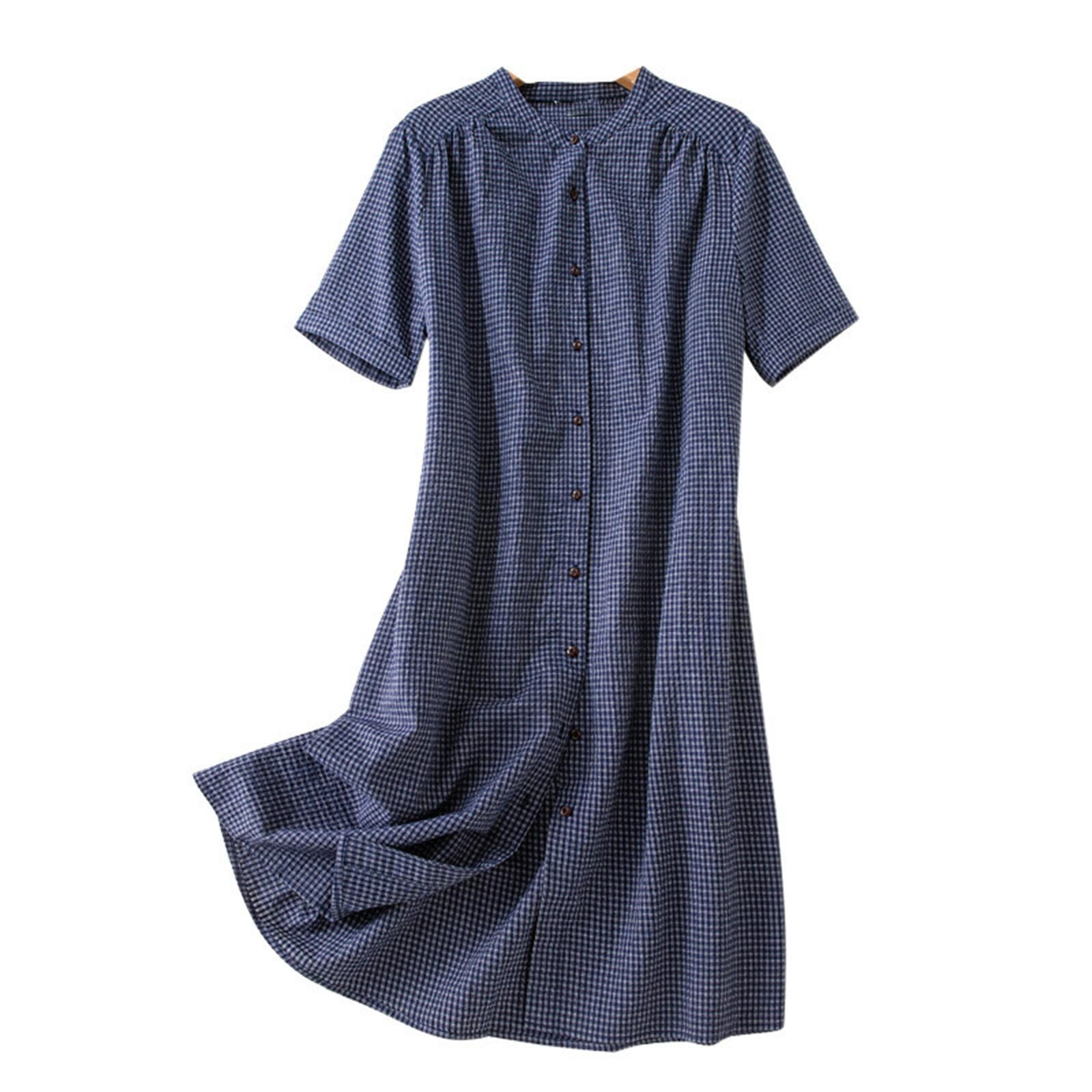 Ladies Cotton Plaid Dress Short Sleeve Button up Shirt Dress Loungewear  Casual Midi Dress with Pockets Cotton Dress Blue XXL - Walmart.com