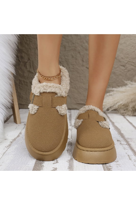 Ladies Cozy Sherpa Lined Platform Backless Clogs, Adjustable Metal Buckle Soft Suede Slip On Mules, Warm Plush Slipper Brown 9(42)