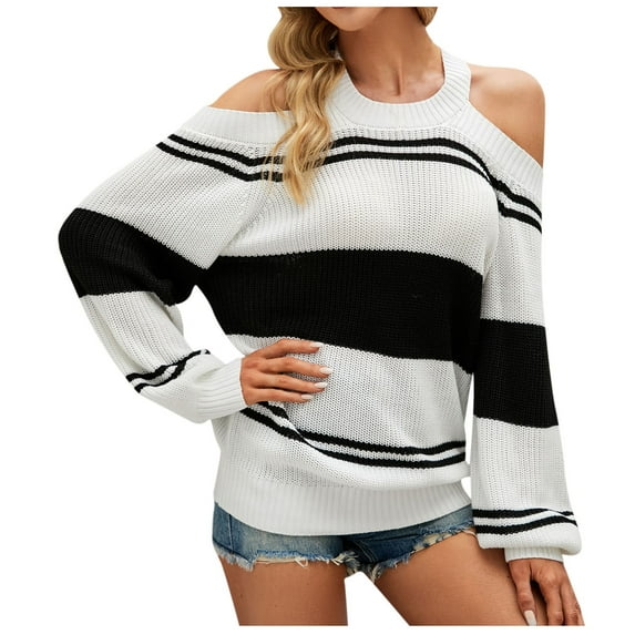 Ladies Criss Cross V Back Sweaters for Womens Color Block Halter Pullover Cutout Shoulder Chunky Knitted Sweater Tops
