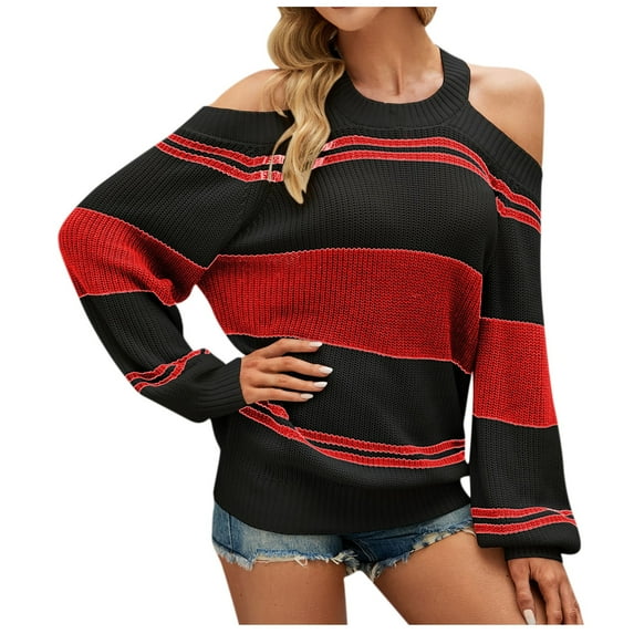 Ladies Criss Cross V Back Sweaters for Womens Color Block Halter Pullover Cutout Shoulder Chunky Knitted Sweater Tops