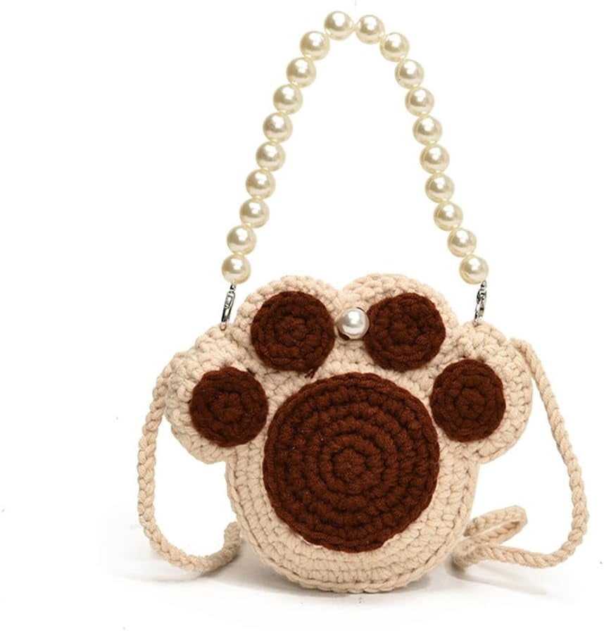 Ladies Crochet Cat's Paw Shape Crossbody Bag with Pearl Chain Cute Handmade Crochet Cat's Paw Handbag Cat's Paw Purse