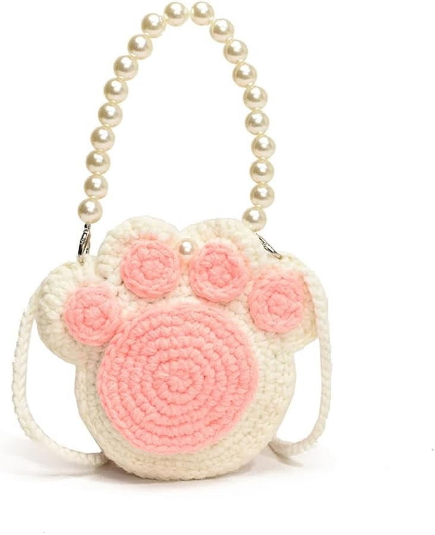 Ladies Crochet Cat's Paw Shape Crossbody Bag with Pearl Chain Cute Handmade Crochet Cat's Paw Handbag Cat's Paw Purse