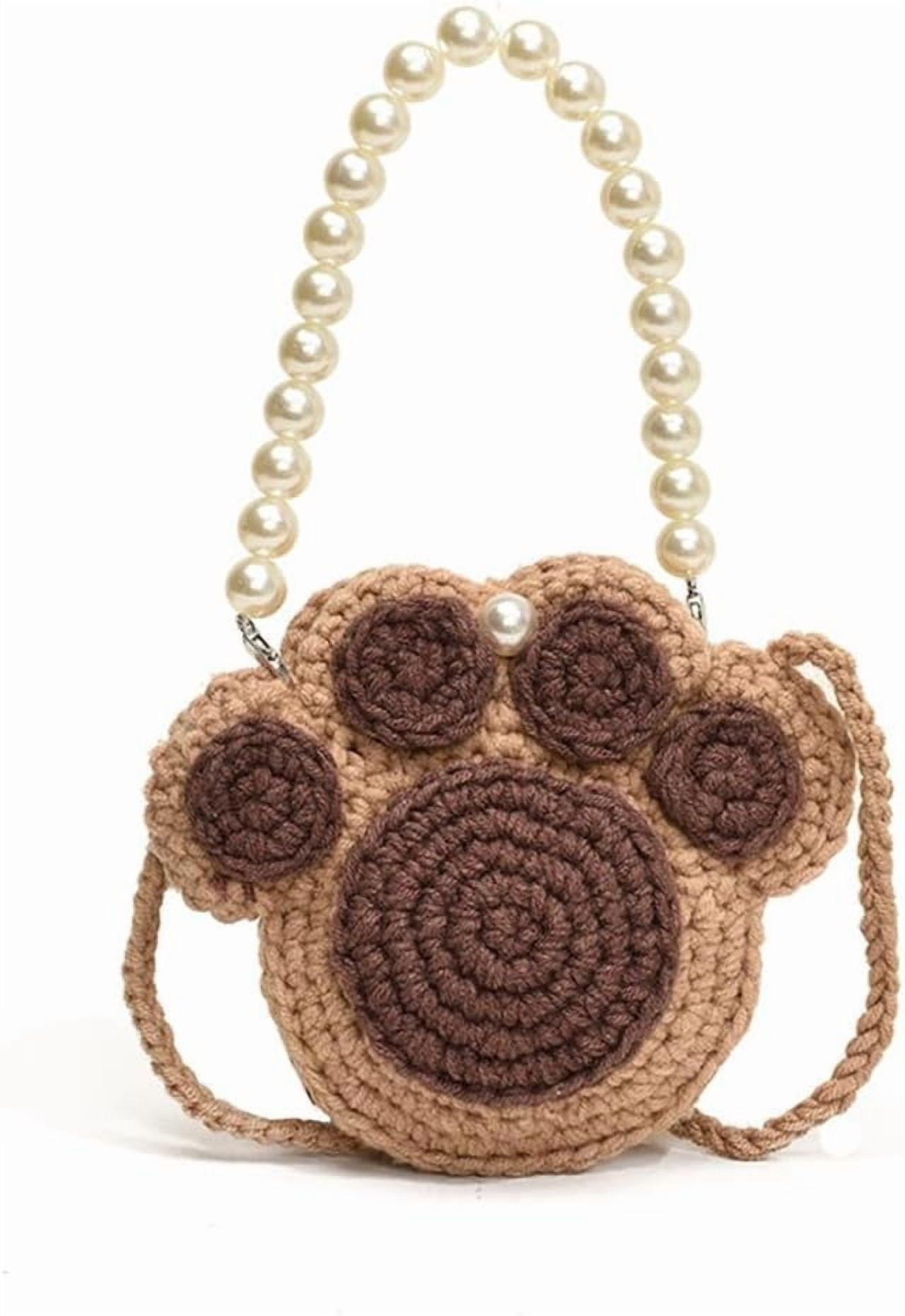 Ladies Crochet Cat's Paw Shape Crossbody Bag with Pearl Chain Cute Handmade Crochet Cat's Paw Handbag Cat's Paw Purse