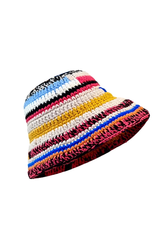 Ladies Crochet Stripe Pattern Fisherman Hat Wide Brims Bucket Hat Windproof Hat