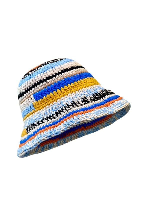 Ladies Crochet Stripe Pattern Fisherman Hat Wide Brims Bucket Hat Windproof Hat