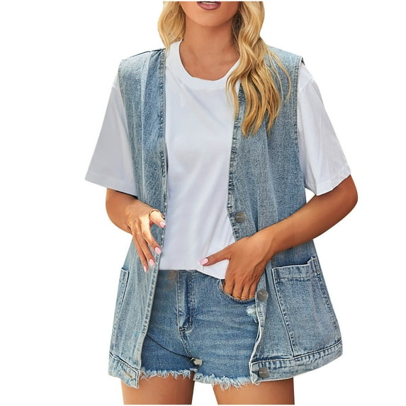 Ladies Cropped Denim Jacket Women's Oversized Denim Vests, Mid Length Sleeveless Button Jean Jackets Vintage Washed Cardigan Waistcoat with Pockets Streetwear Blue M