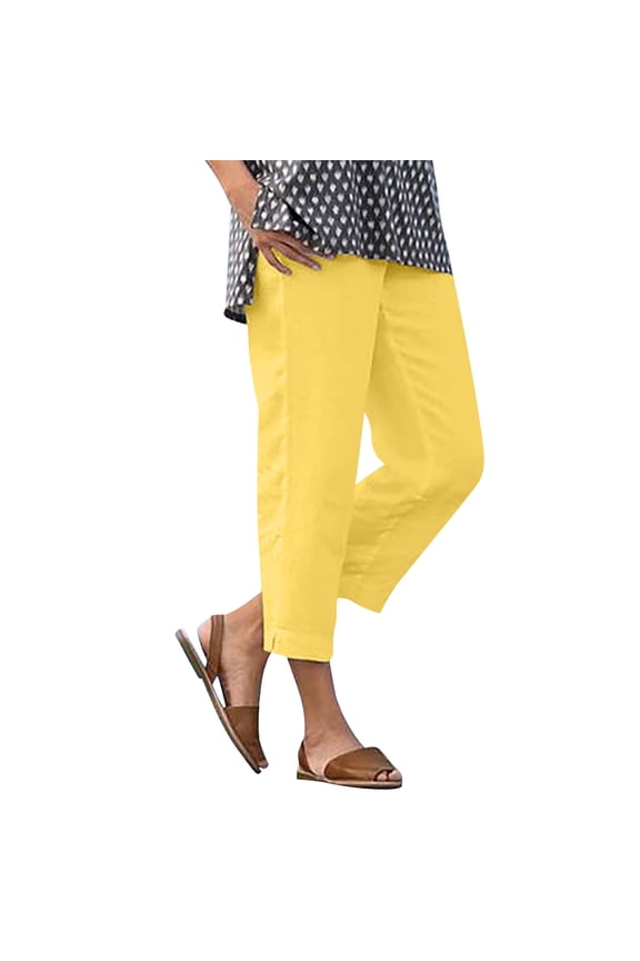 Ladies Cropped Trousers Capri Pants for Women Cotton Linen Petite Tapered Pants Comfy Summer 3/4 Length Trousers Stretchy High Waist Straight Leg Lounge Loose Yoga Beach Capris Pants with Pockets