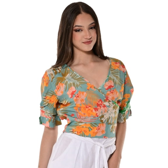 Ladies Cross-over V-neck Top w/Floral Print- LRB1712