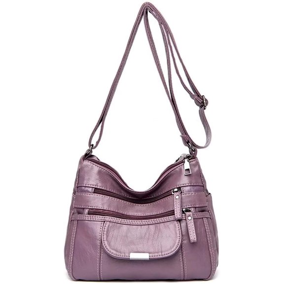 Ladies Crossbody Bag Multi Zip Pocket Shoulder Bag Large Capacity Handbag Leather Satchel Vintage Purse