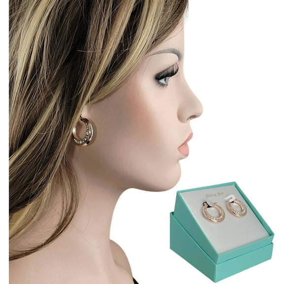 Ladies Crystal Rhinestone Eyelet Hoop Earrings - Rose Gold Tone 1" Gift Boxed