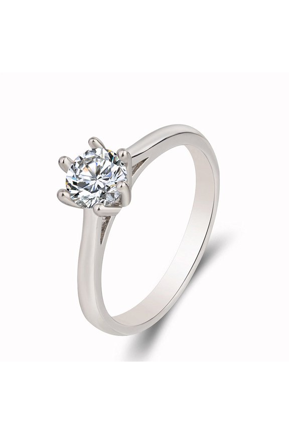 Ladies Crystal Zircon Six Claw Ring Platinum Plated Copper Engagement Wedding Anniversary Statement Elegant Ring