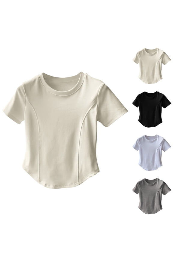 Ladies Curved Hem Slim Fit Short Sleeve Round Neck T-Shirt Tee Top Summer Fashion Lightweight Breathable Casual Wear | CSEONE,Beige XL