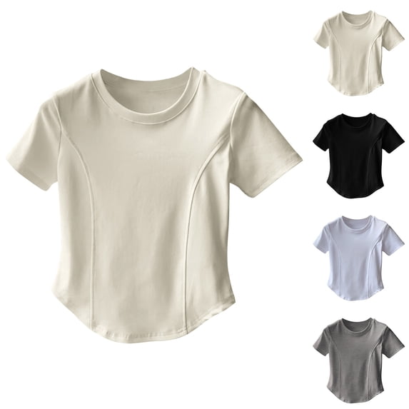 Ladies Curved Hem Slim Fit Short Sleeve Round Neck T-Shirt Top Shirt Lightweight Breathable Summer Casual Tee | CSEONE,White L
