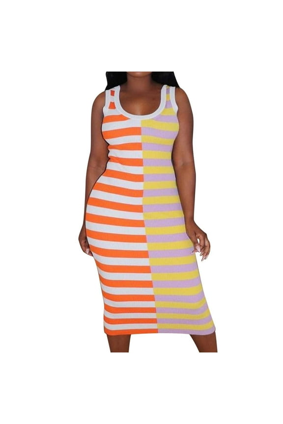 Ladies Cute Bodycon Midi Dresses Stretch Comfy Sleeveless Tank Striped Colorblock Summer Casual Club Dress