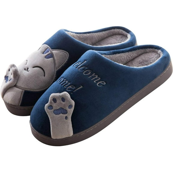 Ladies Cute Cat Animal Plush Slip On Winter Warm Bedroom Shoes Non Slip House Slippers for Women Men