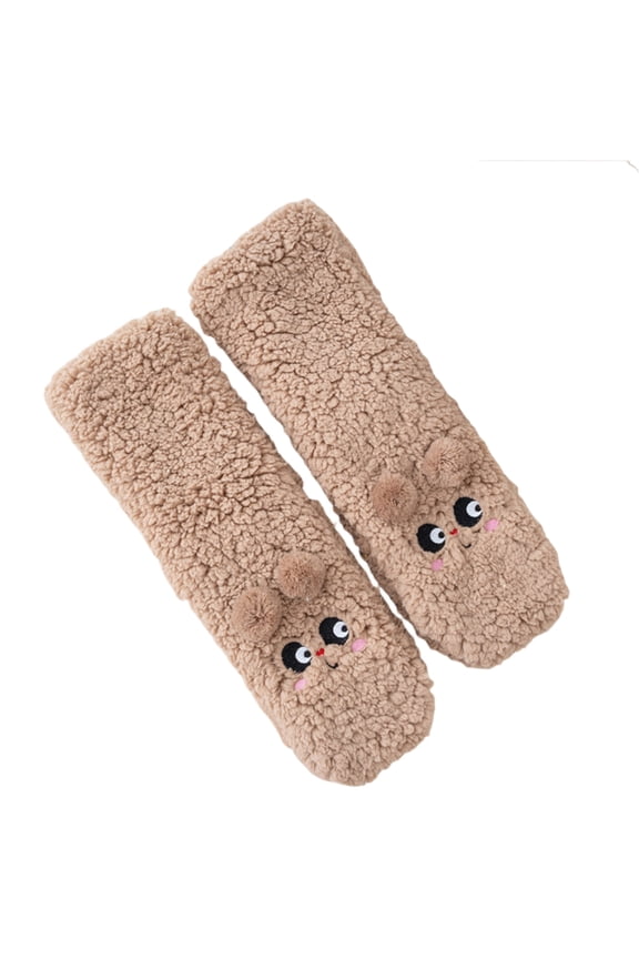 Ladies' Cute Lamb Velvet Socks - Extra Thick Warm Sleep Floor Socks, Cartoon Embroidery, Brown