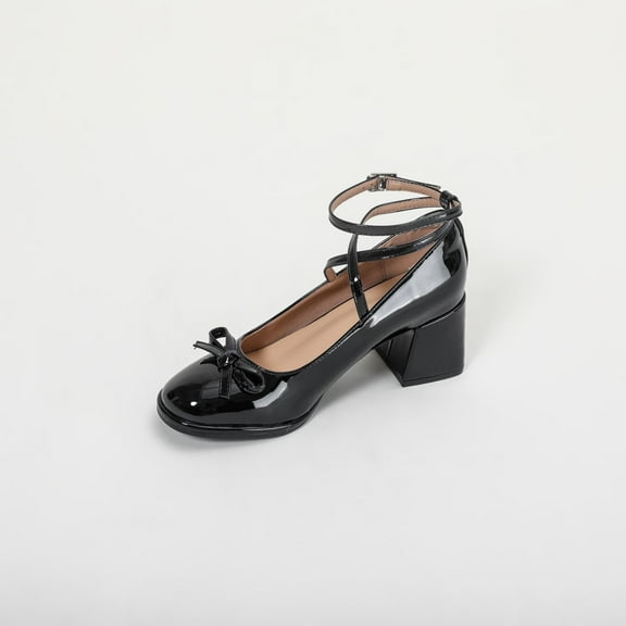 Ladies' Cute Mary Jane Pumps, Bow Accent, Chunky Heel Dress Shoes