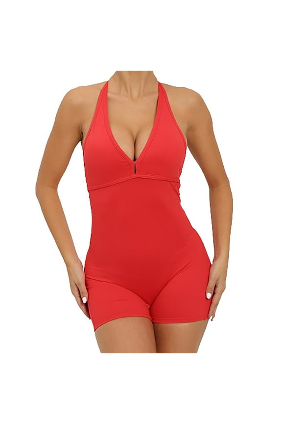 Ladies Cute Workout Rompers Halter V Neck Backless Unitard Bodysuit Shorts One Piece Gym Yoga Outfits Jumpsuits (Large, Red)