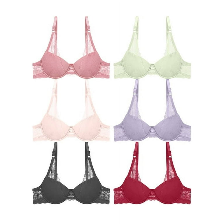 Ladies DD Size Floral Lace Overlay Demi Bra Center Bow Detail 6 Piece Color  Variety Pack 