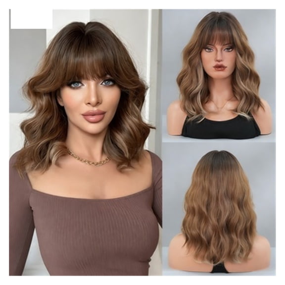 Ladies' Deep Brown Gradient Long Rolled Wig With Natural Fluffy Bangs