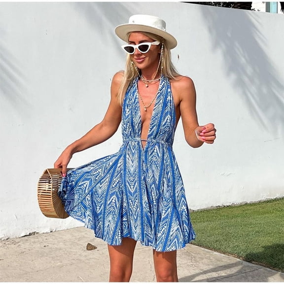 Bohemian Blue Print Halter Dress for Women Deep V Neck Backless Beach Party Sundress